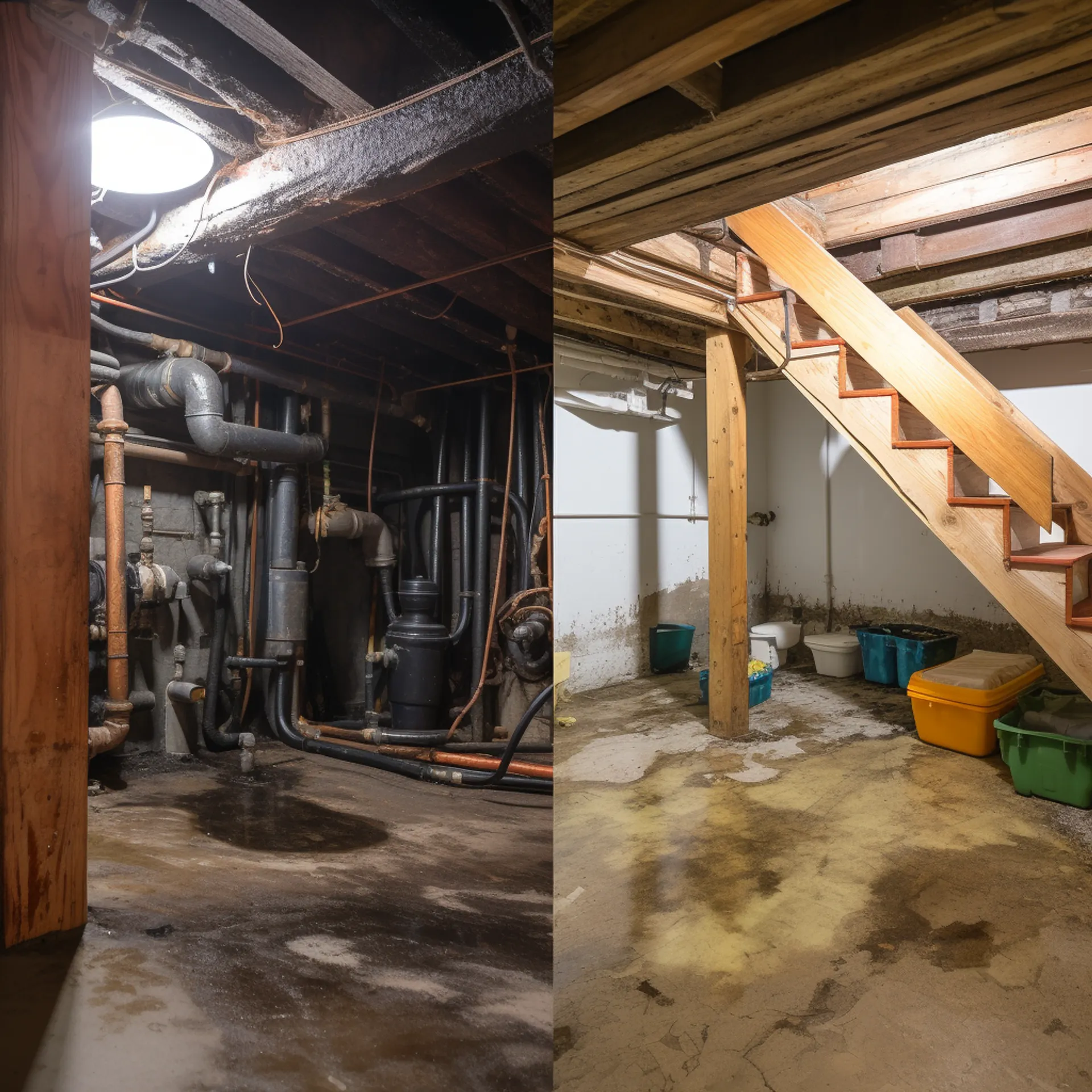 1.png A before and after comparison of a damp, moldy basement and a dry, clean basement, photo