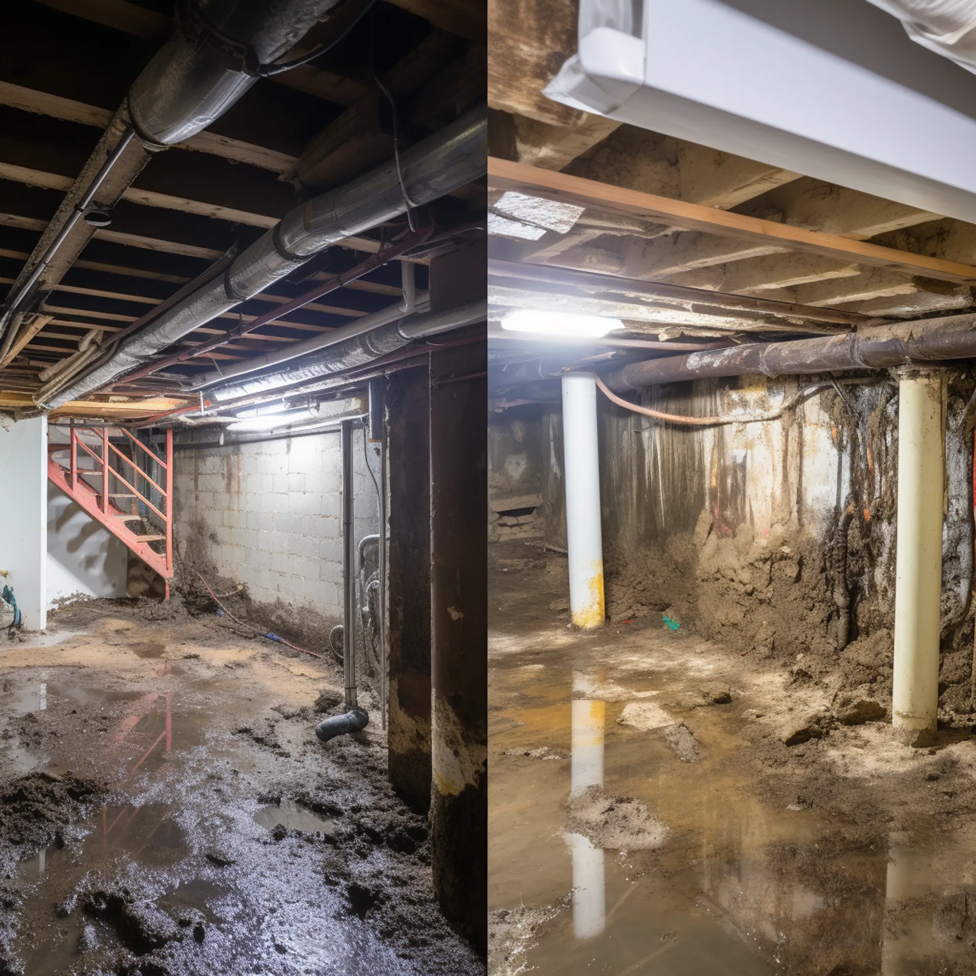 2.png A before and after comparison of a damp, moldy basement and a dry, clean basement, photo