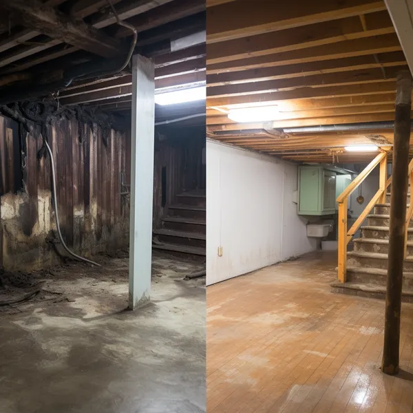 4.png A before and after comparison of a damp, moldy basement and a dry, clean basement, photo