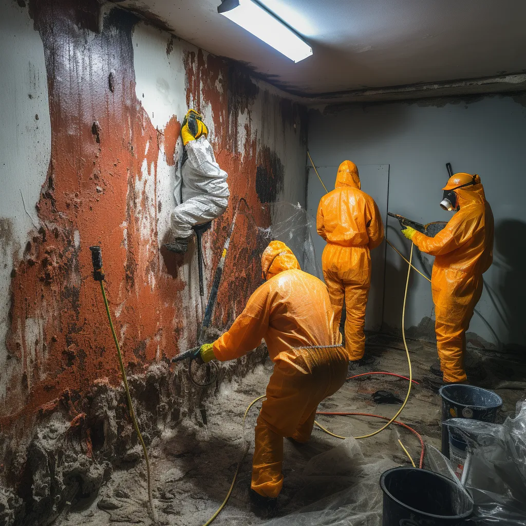 A professional team of workers applying waterproofing material to a basement wall, photo