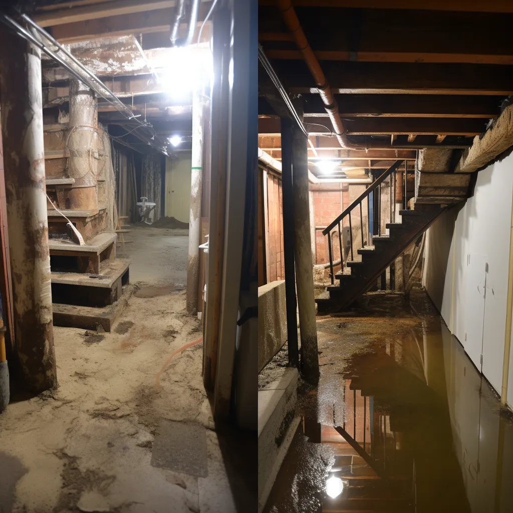 A before and after comparison of a damp, moldy basement and a dry, clean basement, photo