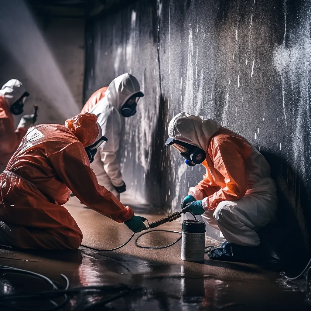 A professional team of workers applying waterproofing material to a basement wall, photo